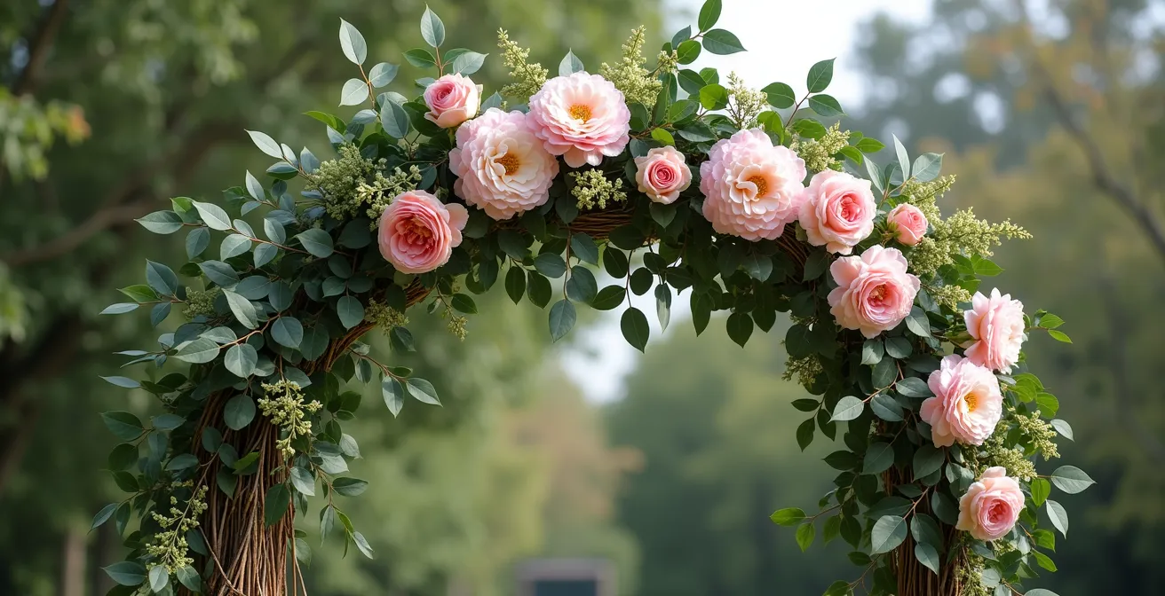 Une arche florale asymétrique moderne avec concentration de fleurs sur le point focal supérieur gauche