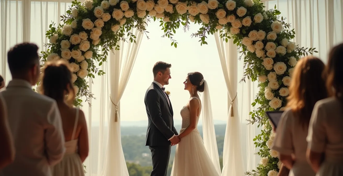 Vue d'ensemble d'une arche florale créant un portail symbolique lors d'une cérémonie de mariage