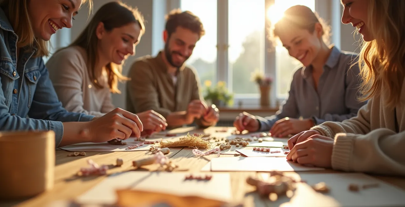 Groupe d'amis réunis autour d'une table créant ensemble la papeterie de mariage