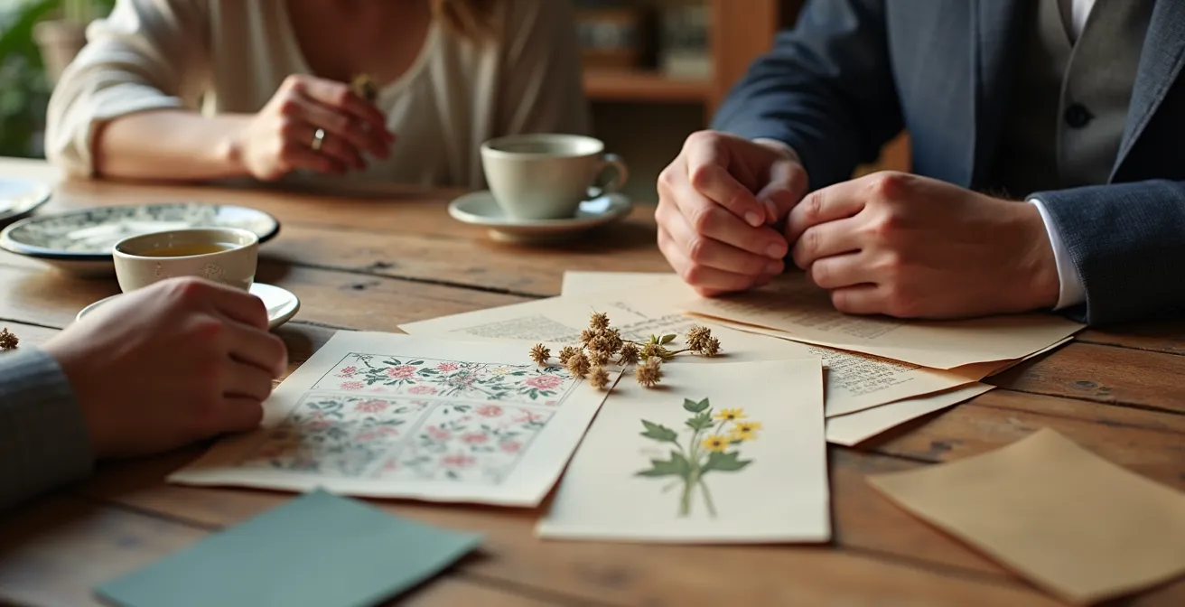 Rencontre professionnelle entre mariés et prestataire éco-responsable autour de documents