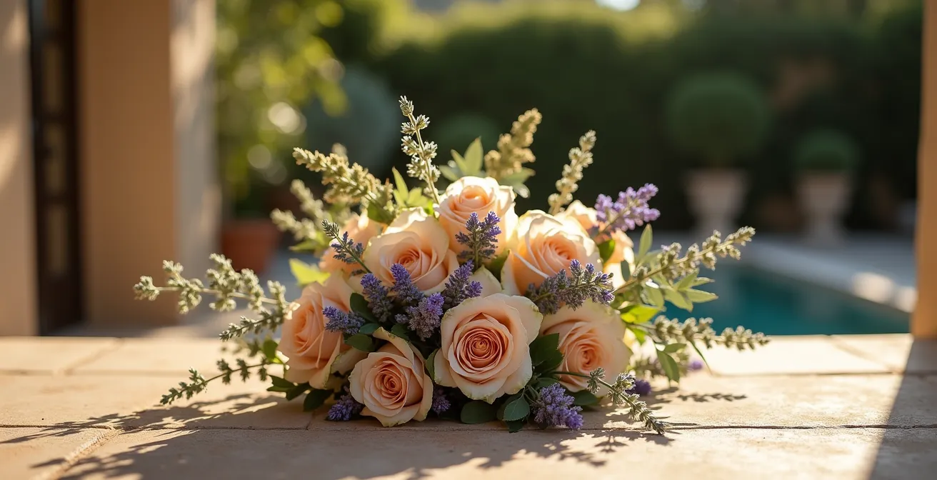 Bouquet de fleurs résistantes à la chaleur pour mariage d'été avec lavande et eucalyptus
