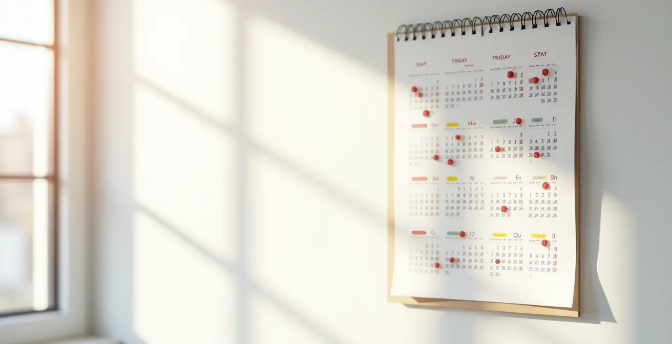 Calendrier de mariage avec plusieurs dates entourées et reliées par des fils colorés montrant la coordination