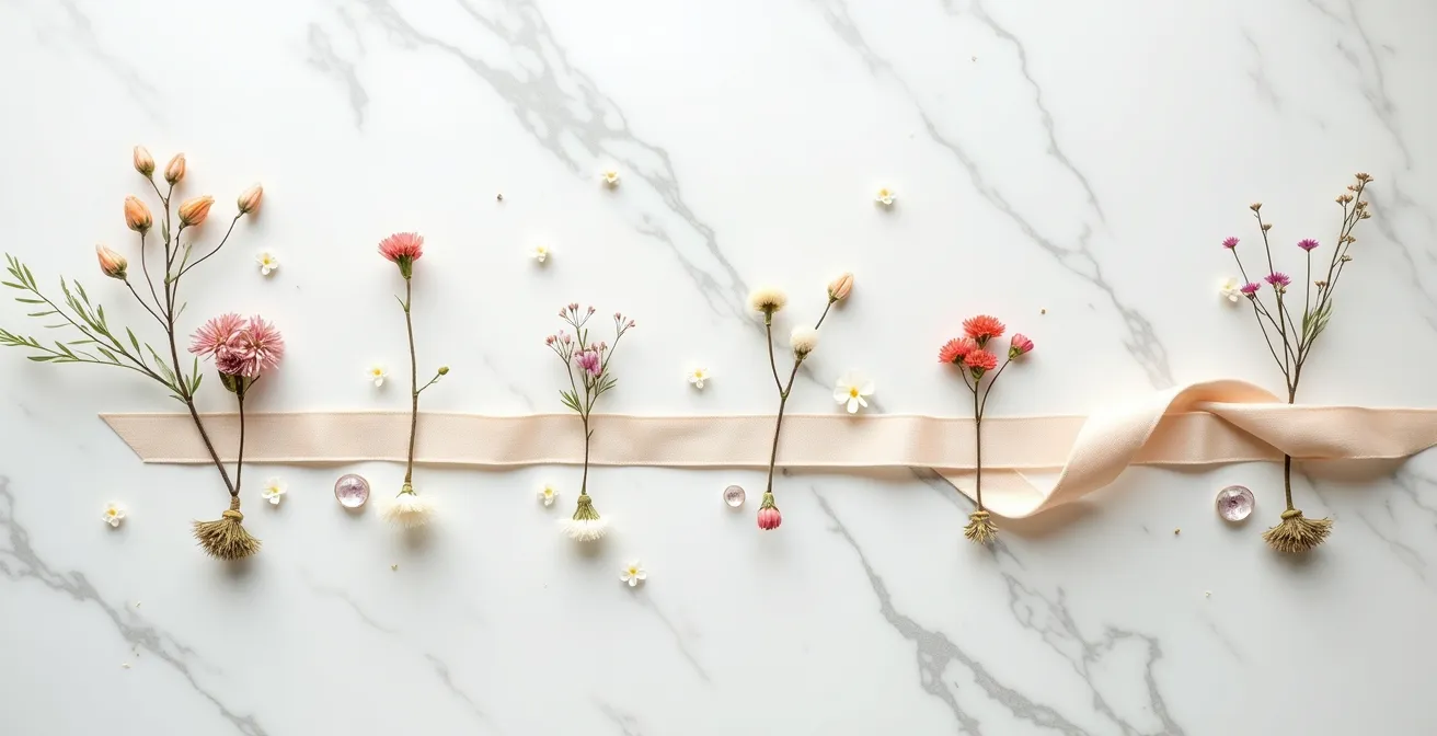 Vue aérienne d'un planning de mariage avec timeline et éléments de décoration