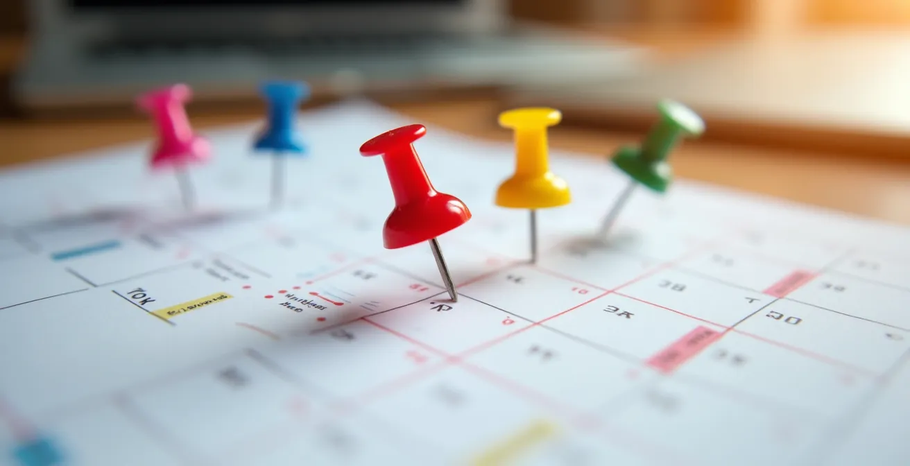 Vue macro d'un calendrier de planning avec épingles colorées marquant les étapes importantes