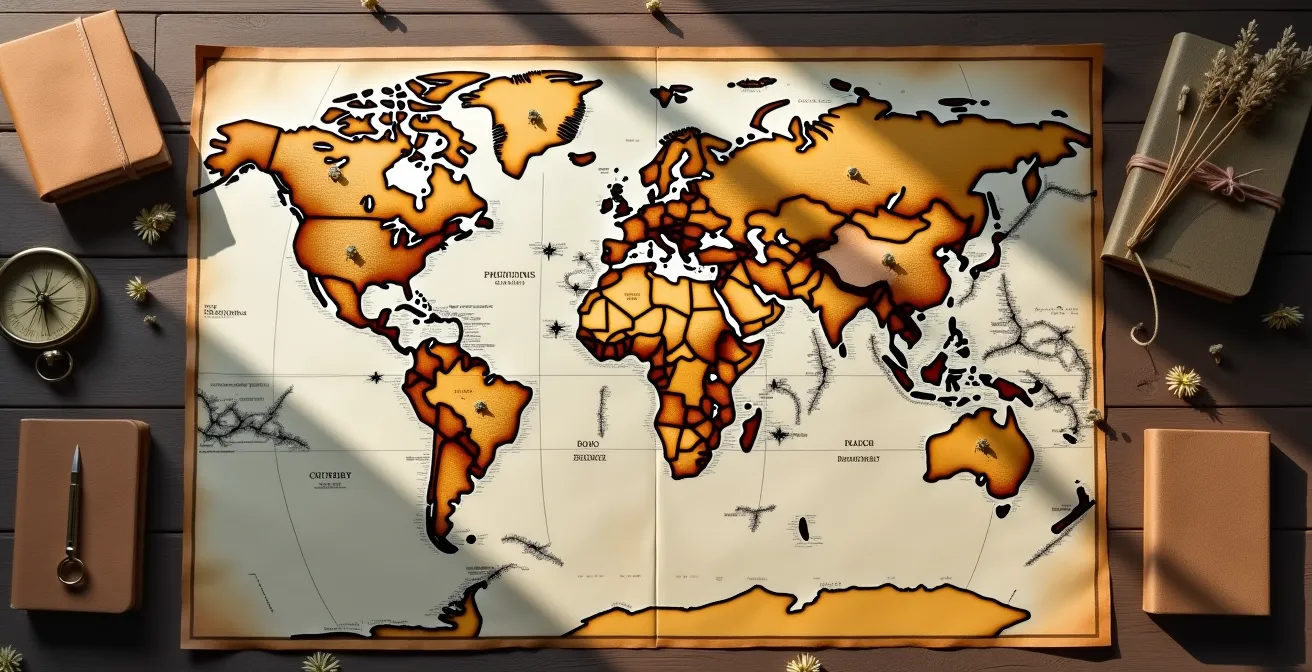 Vue aérienne d'une carte du monde vintage avec des épingles dorées marquant les destinations de mariage les plus prisées