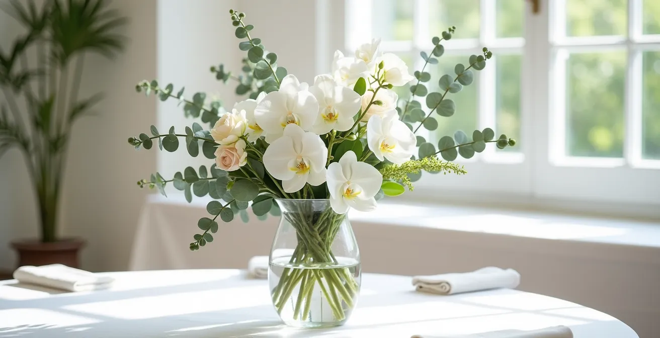 Centre de table de mariage avec composition florale hypoallergénique dans un environnement lumineux