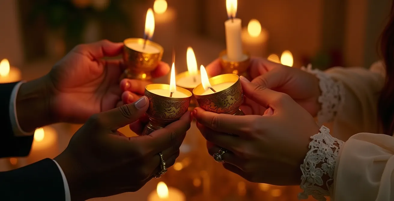 Mains entrelacées au-dessus de deux bougies créant une flamme unique lors d'un rituel de mariage interculturel
