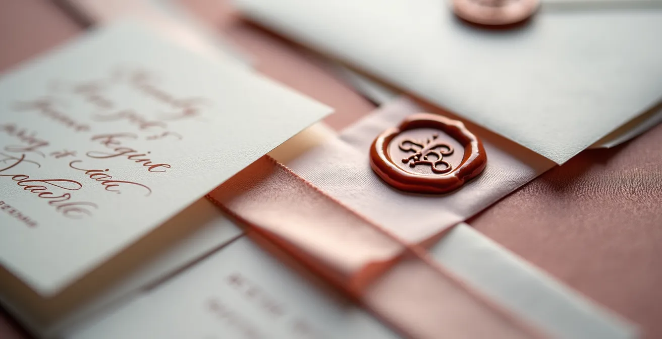 Composition macro montrant des échantillons de papeterie de mariage avec textures et matières cohérentes