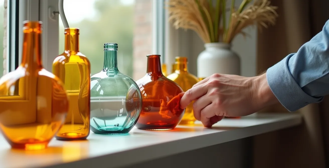 Collection de vases de mariage réutilisés comme décoration d'intérieur élégante