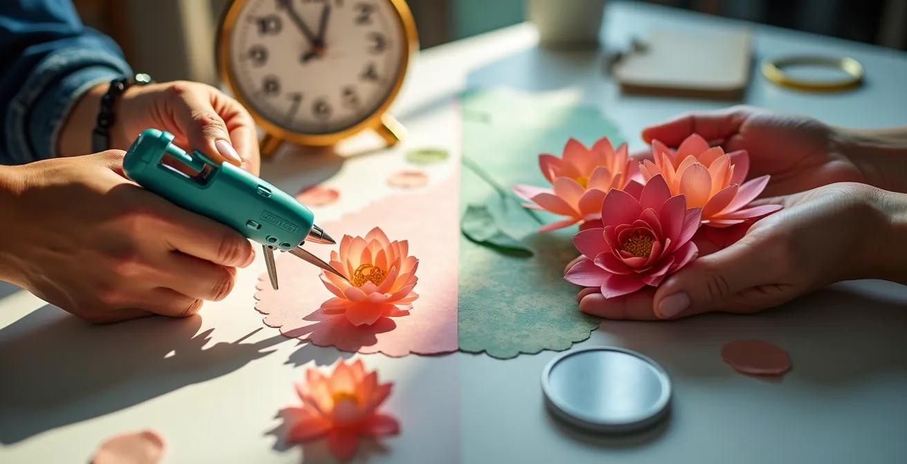 Comparaison visuelle entre installation DIY et professionnelle d'un mur de fleurs