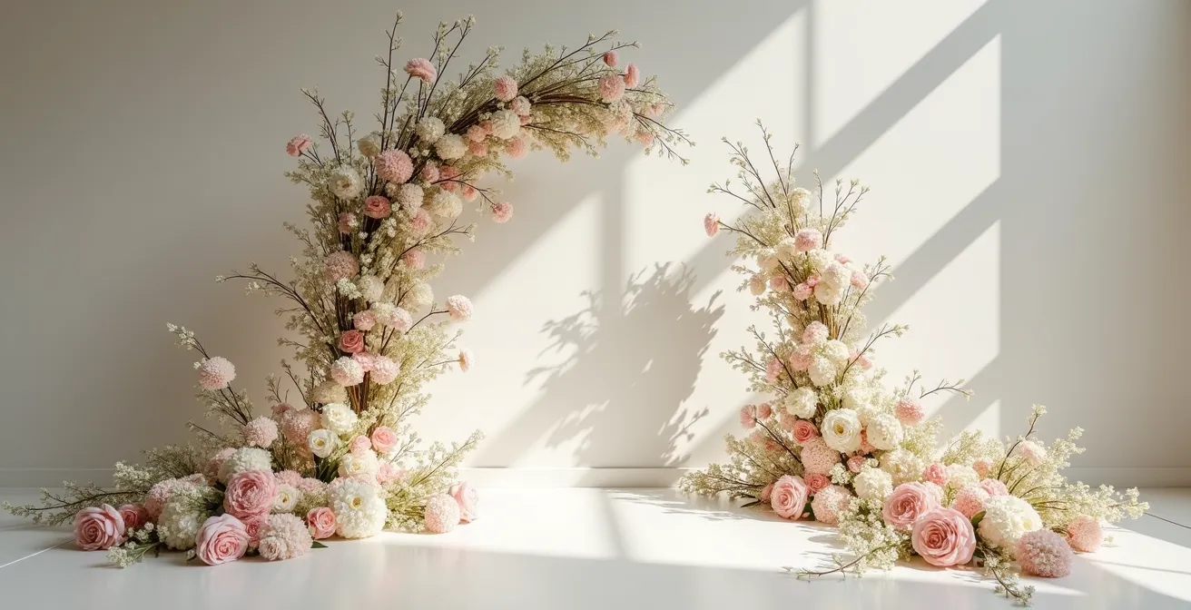 Comparaison visuelle entre une arche florale monumentale et plusieurs centres de table dispersés