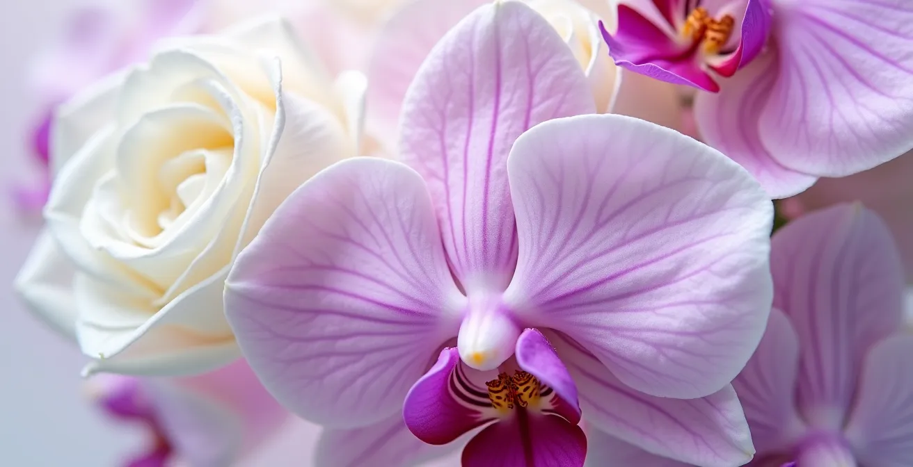Détail macro d'un bouquet de mariage montrant la texture des pétales de rose et d'orchidée