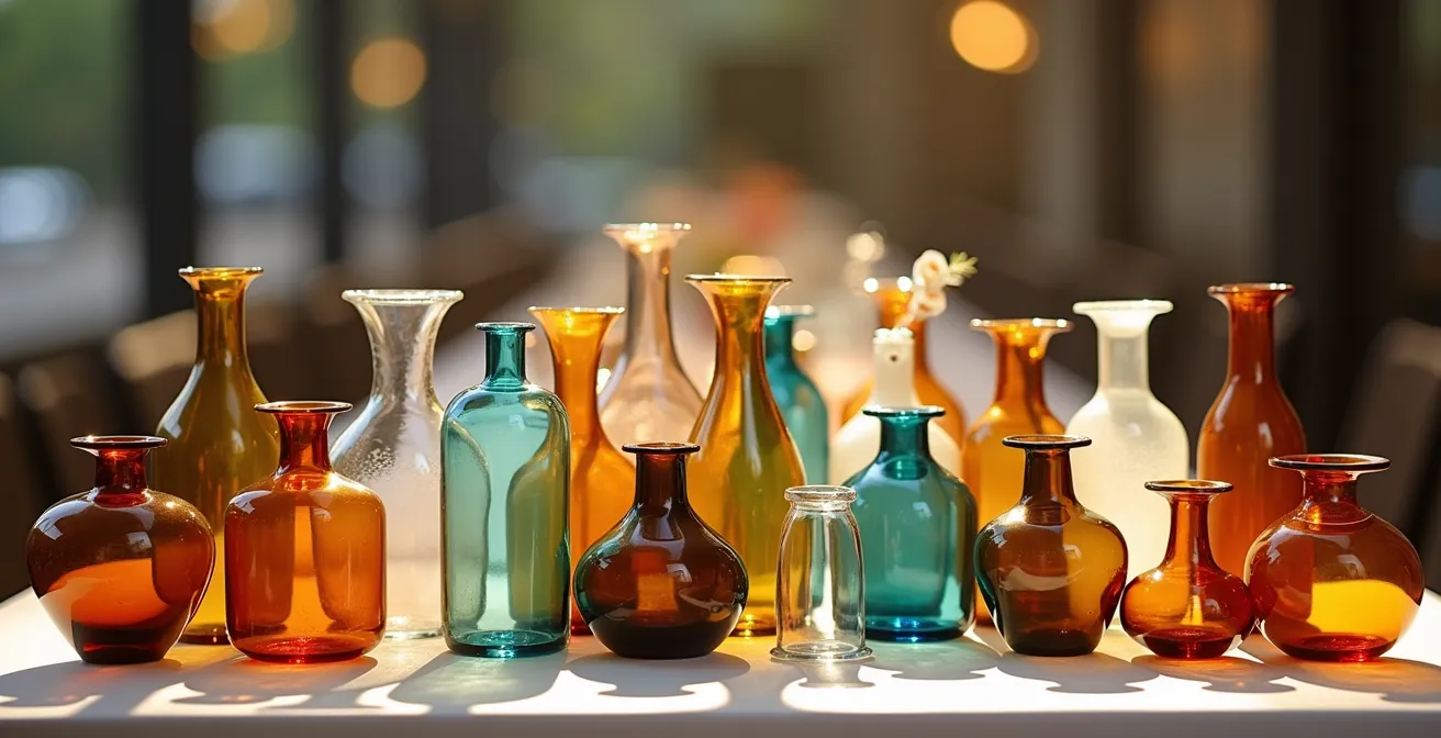 Arrangement harmonieux de nombreux vases colorés de différentes tailles sur une table de réception