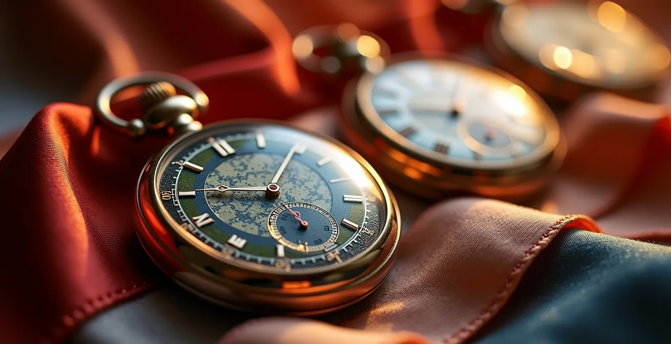 Gros plan macro sur un planning élégant avec montres et rubans colorés symbolisant la coordination temporelle