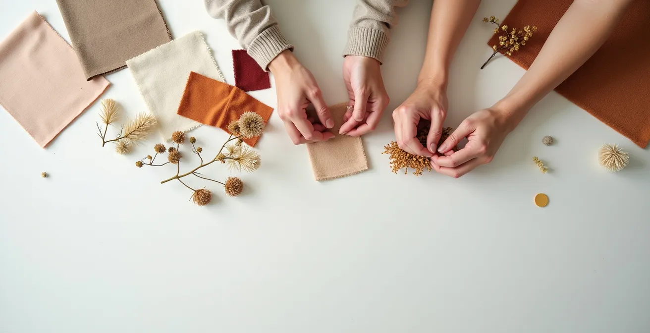 Couple créant ensemble un mood board personnalisé pour leur mariage avec des échantillons de tissus et couleurs