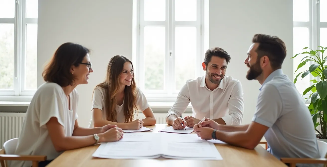 Couple de mariés en discussion détendue avec leur photographe, partageant leur vision créative