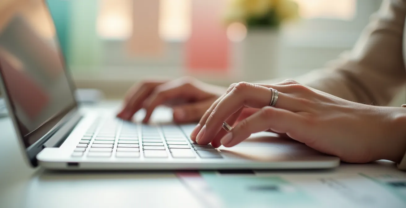 Mains sur un clavier créant un site web de mariage avec éléments de design en arrière-plan