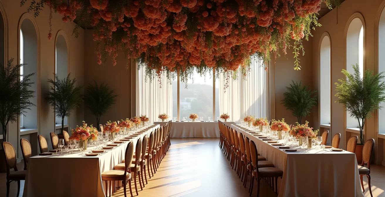 Espace de réception montrant le contraste entre une zone épurée et une installation florale spectaculaire