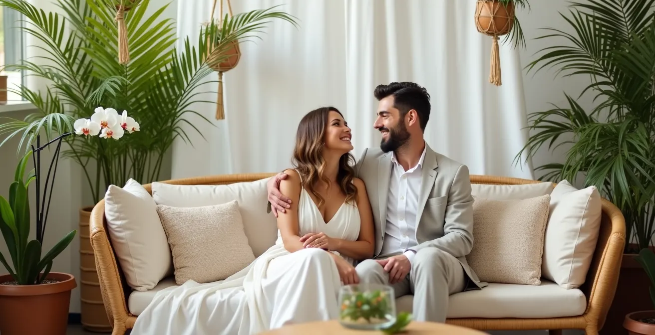 Coin lounge de mariage tropical minimaliste avec mobilier en rotin et plantes vertes