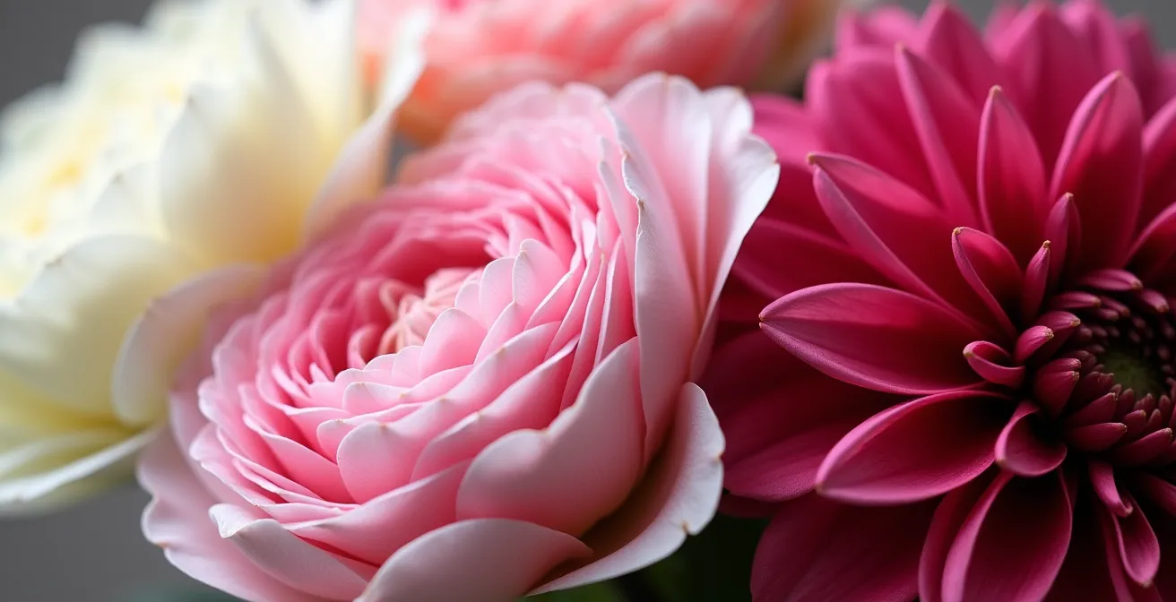 Arrangement floral montrant un dégradé parfait du blanc au bordeaux avec des fleurs intermédiaires