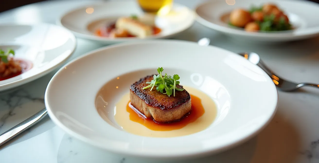 Table de dégustation élégante avec plusieurs plats présentés pour un test de menu de mariage