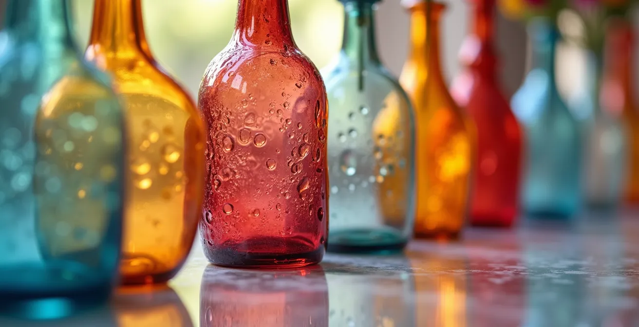 Arrangement élégant de multiples vases colorés suivant la règle des familles visuelles