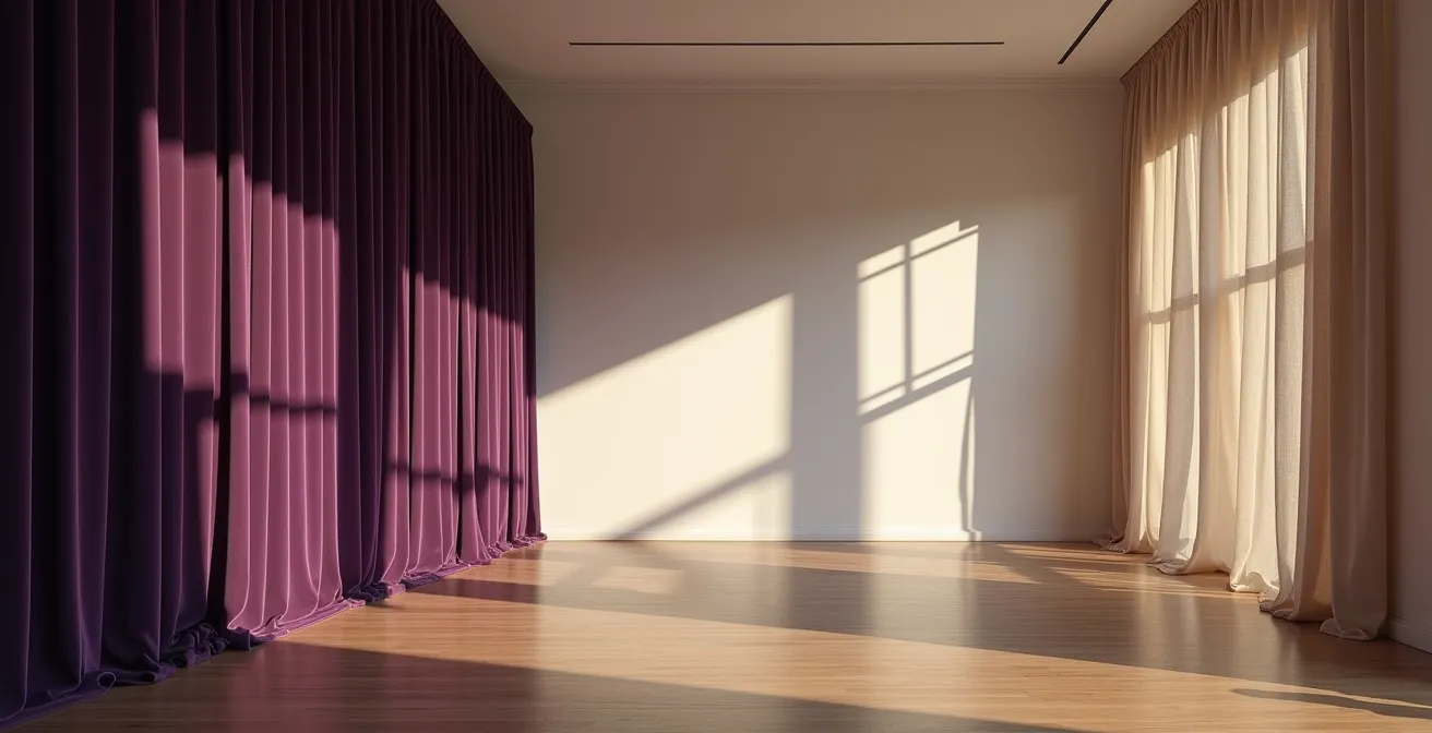 Vue aérienne d'une salle montrant le placement optimal des tissus acoustiques sur les murs