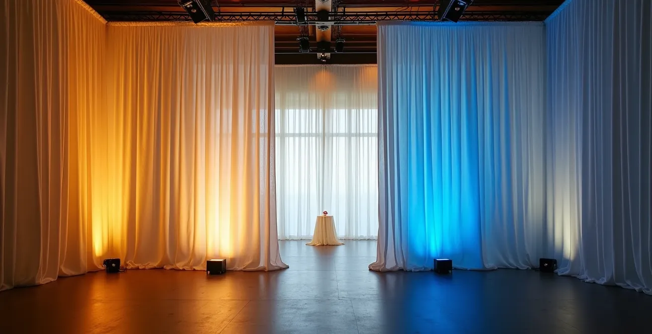 Salle de réception divisée en trois espaces distincts par des rideaux suspendus créant différentes ambiances