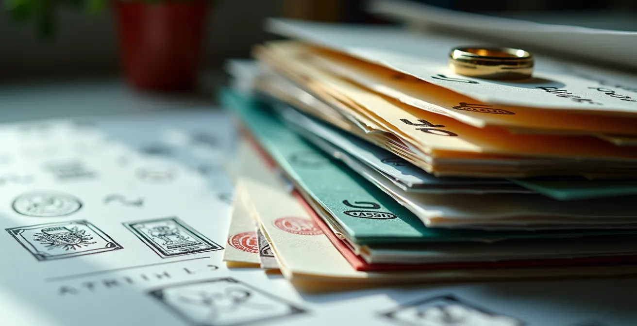 Bureau organisé avec dossiers colorés et documents administratifs pour un mariage à l'étranger