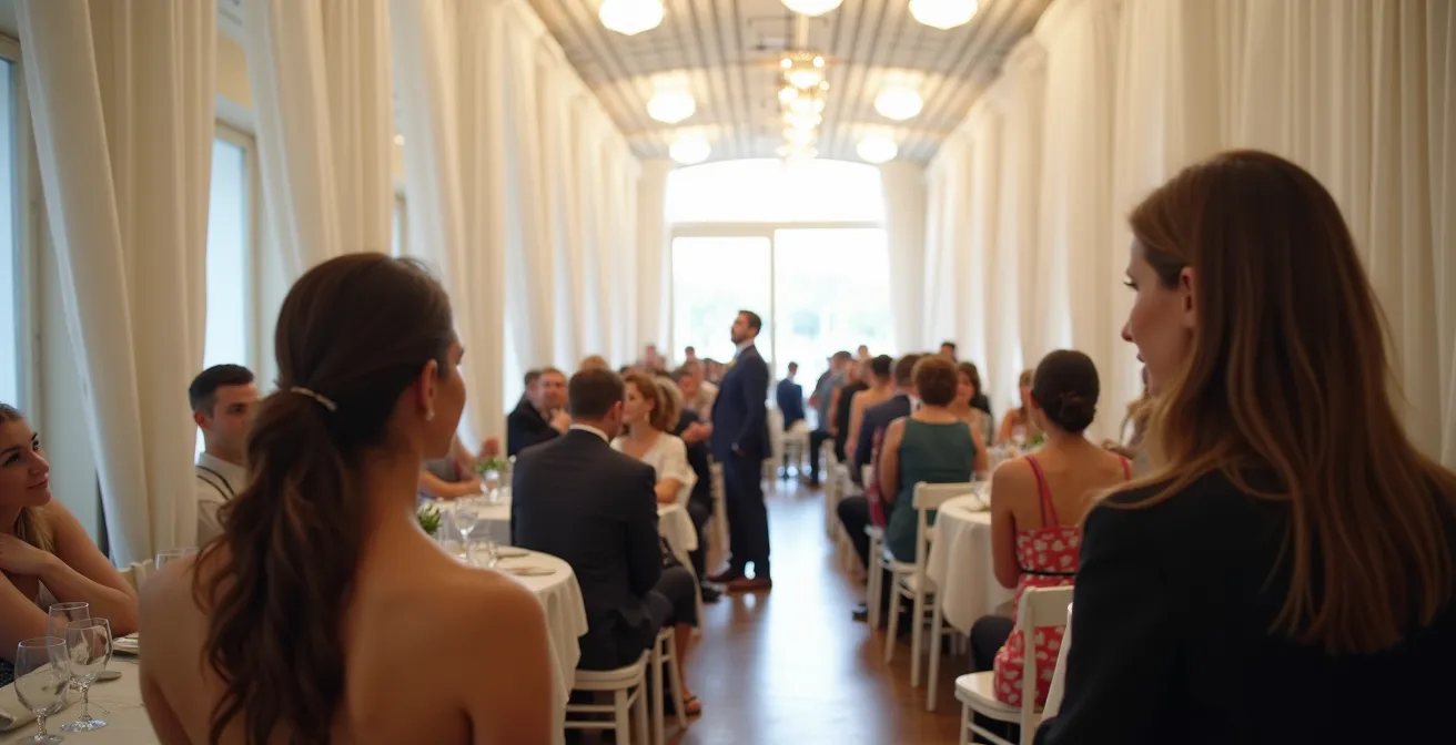 Salle étroite transformée par des drapés horizontaux en mousseline créant une illusion d'élargissement