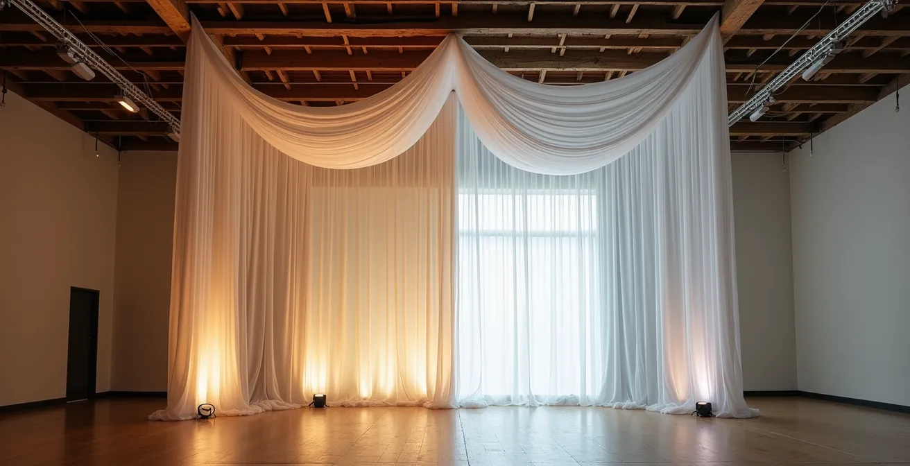 Démonstration de l'effet cathédrale créé par des voilages partant des points hauts d'une salle de réception