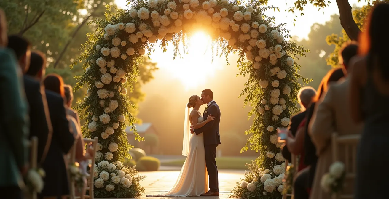 Vue en contre-plongée d'une arche florale créant un effet de portail lumineux lors d'une cérémonie