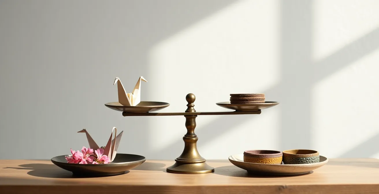 Balance traditionnelle en équilibre parfait avec objets symboliques de deux cultures différentes