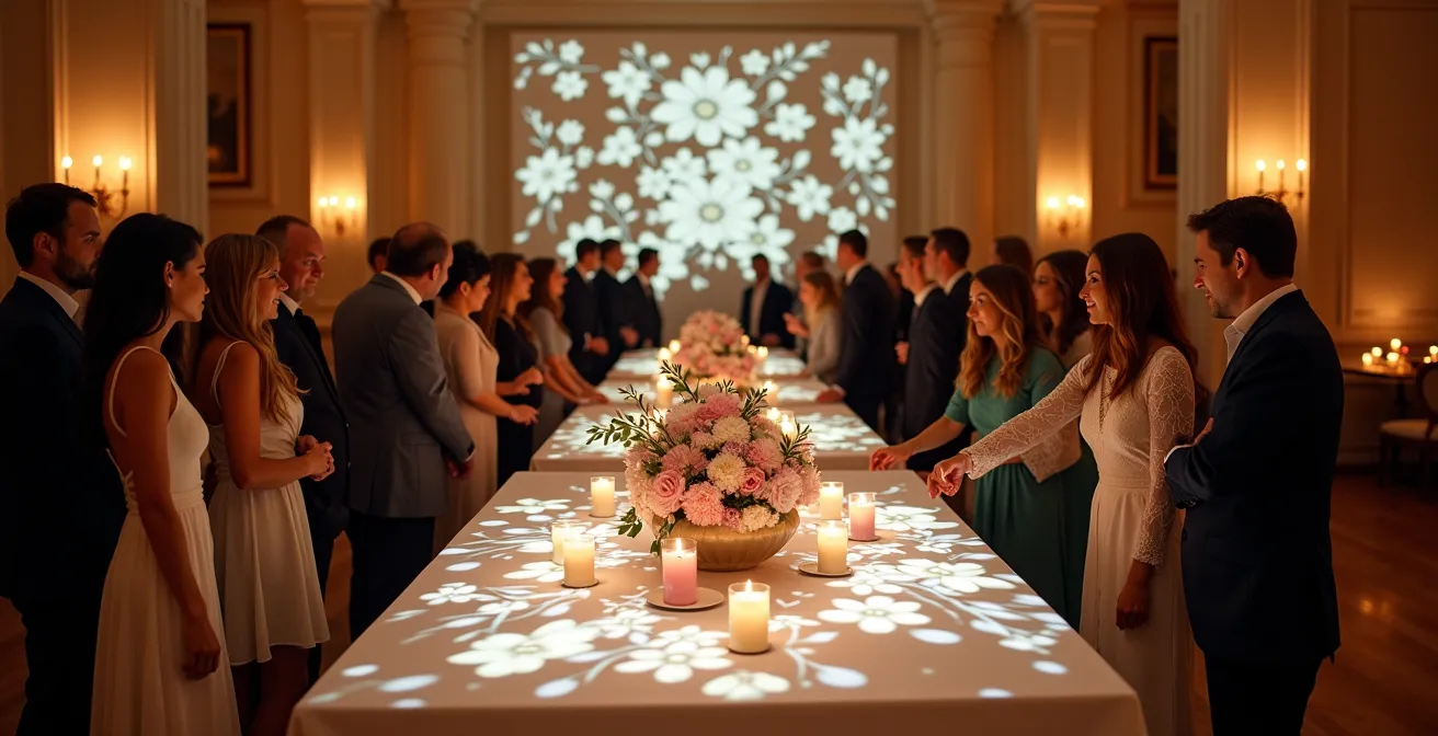Invités de mariage interagissant naturellement avec installation tech subtile