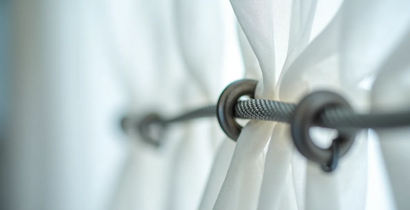 Vue macro montrant les détails techniques d'une fixation sécurisée de tentures avec filin d'acier et serre-câbles
