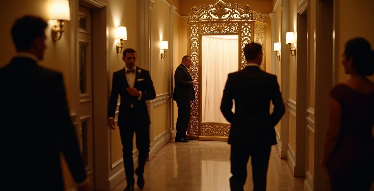 Photobooth isolé dans un coin sombre avec invités passant sans s'arrêter