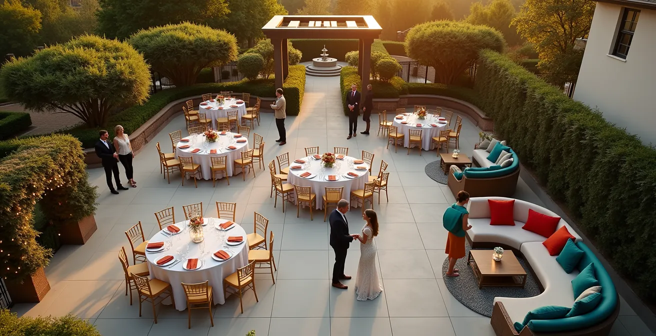 Vue aérienne d'un lieu de réception divisé en zones avec différents niveaux de formalité