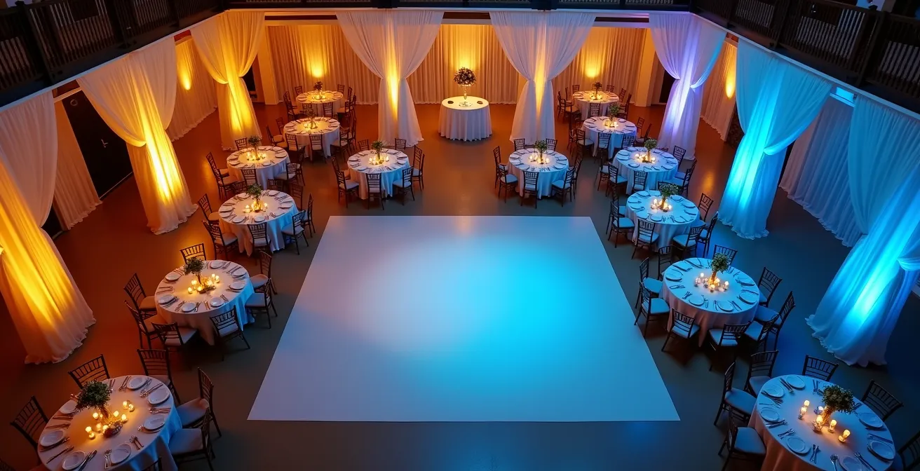 Vue en plongée d'une salle de réception avec différentes ambiances lumineuses évoluant du doré au bleu