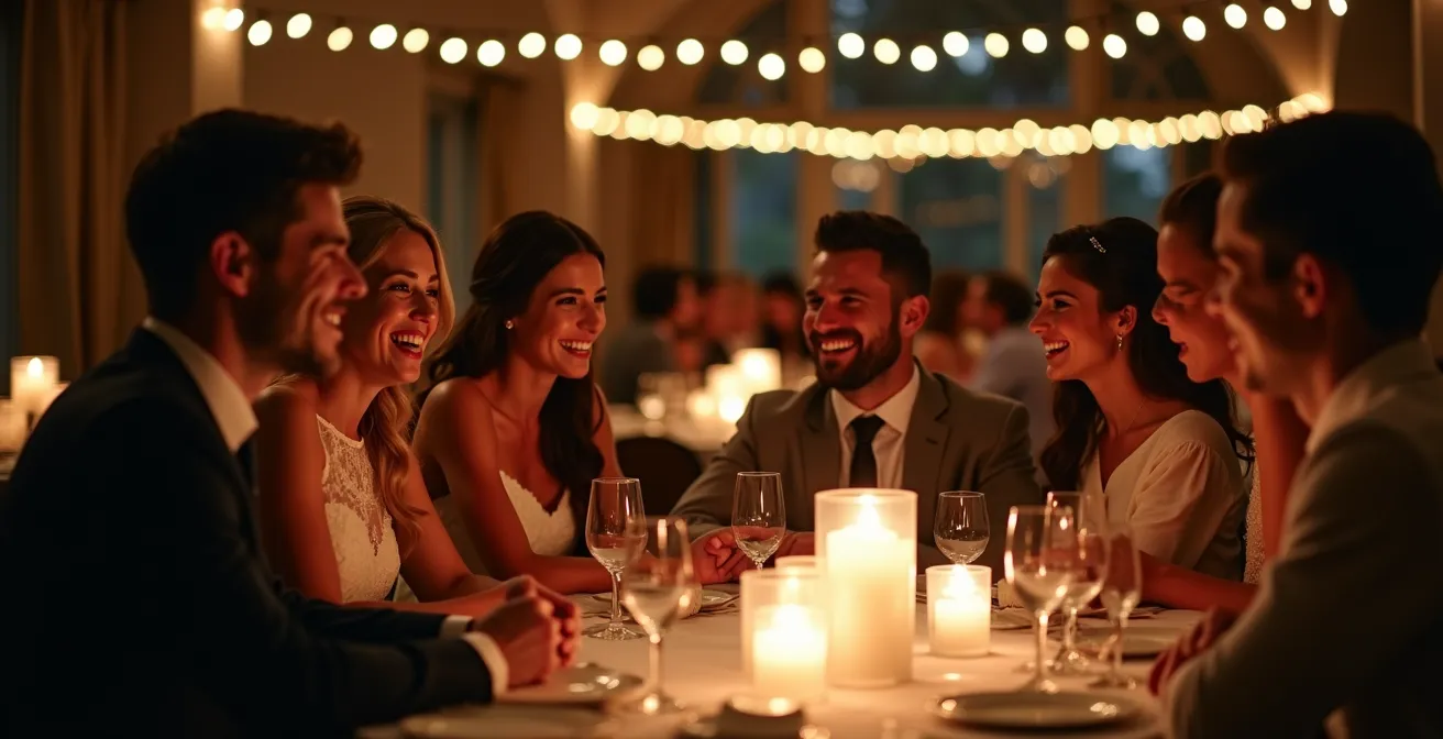 Grande salle de réception avec îlots de tables éclairés créant des espaces intimes dans l'obscurité environnante
