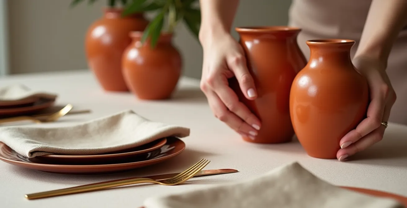 Composition montrant la résolution d'un clash de couleurs entre vases et vaisselle