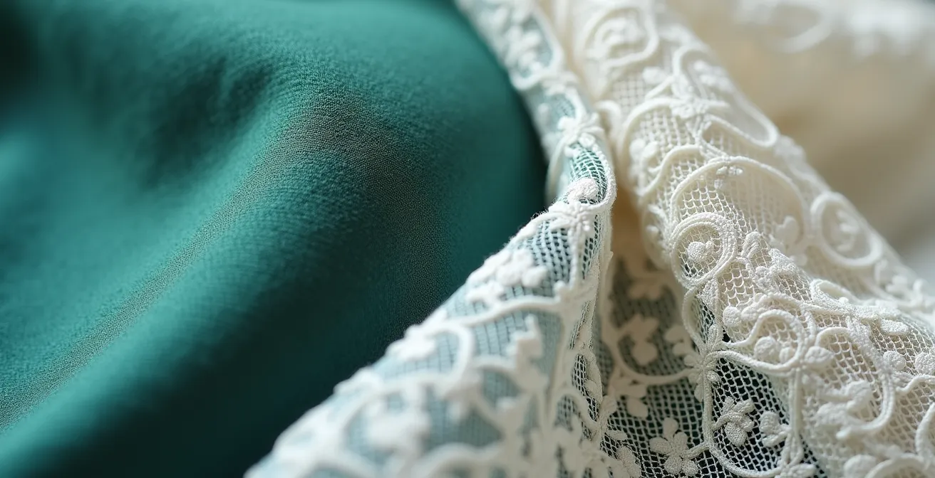 Détail macro d'une composition harmonieuse mêlant lin naturel, velours émeraude et dentelle délicate