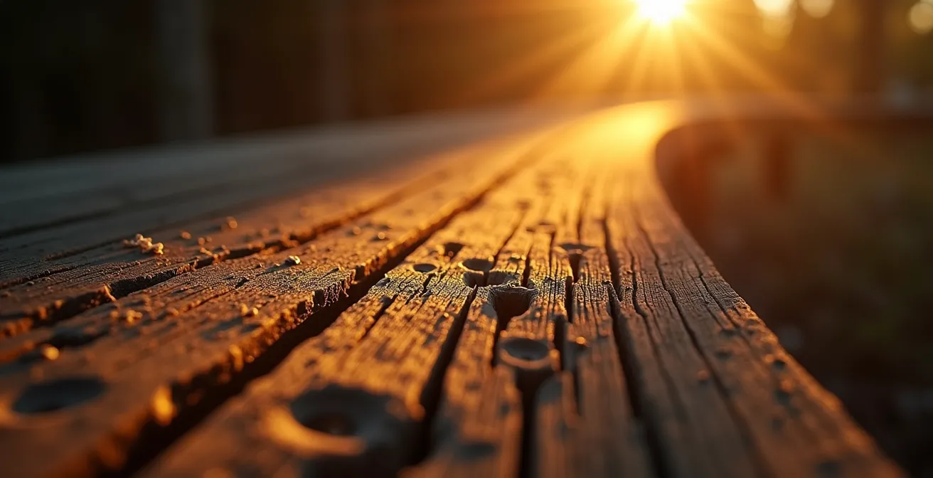 Poutres en bois éclairées par lumière rasante créant des ombres dramatiques