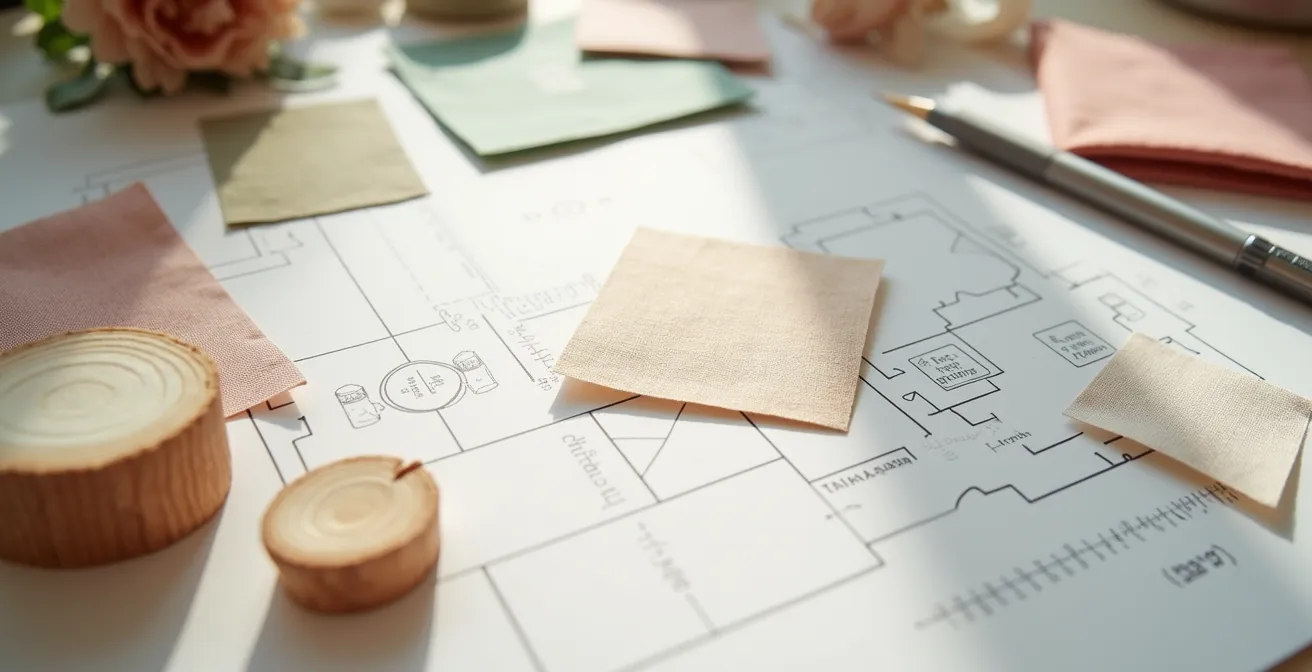 Vue macro d'une maquette physique avec échantillons de matériaux et plan à l'échelle