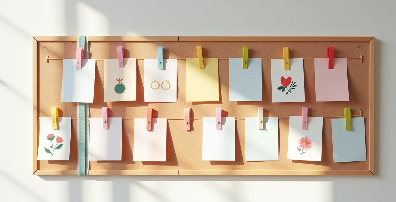Tableau Kanban élégant avec colonnes colorées et cartes de tâches de mariage disposées de manière organisée