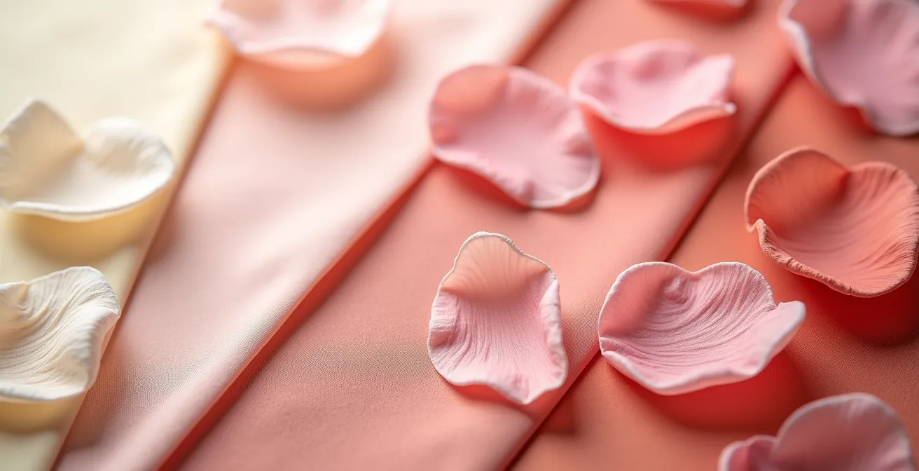 Palette de couleurs pour bouquet de mariée avec échantillons de fleurs et tissus