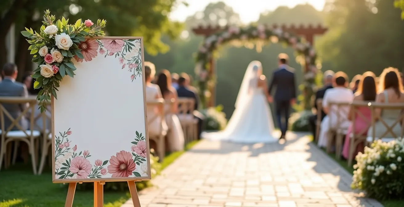 Panneau décoratif élégant à l'entrée d'une cérémonie de mariage avec design floral