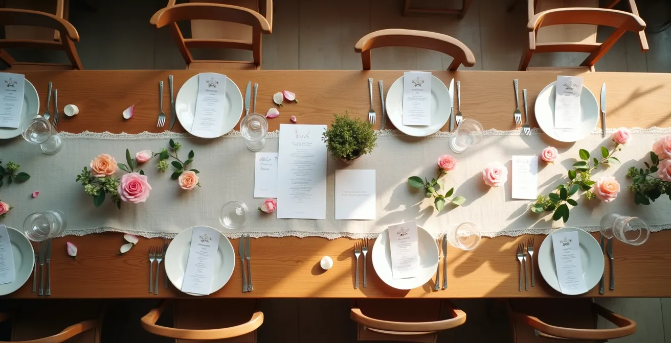 Vue aérienne d'une table de mariage montrant les cinq piliers visuels déclinés harmonieusement