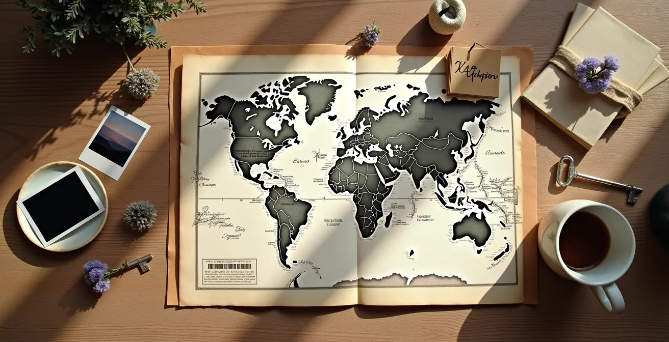 Détails personnalisés de décoration de mariage avec carte vintage et éléments symboliques du couple