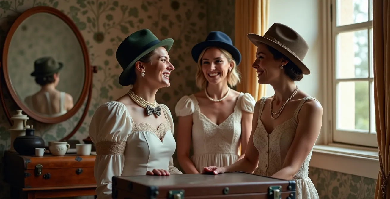 Coin photobooth vintage avec malles anciennes et accessoires rétro pour les invités