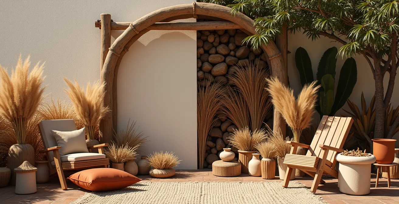 Zone focale de décoration bohème avec arche et composition équilibrée